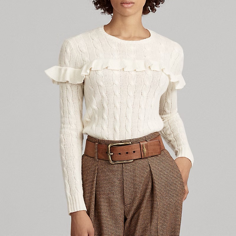 Polo Ralph Lauren Chic Cream Ruffle Cable Knit Sweater